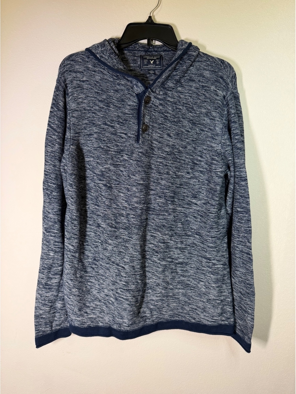American Eagle Navy Blue Classic Fit Hooded Pullover Sweater, Size Large